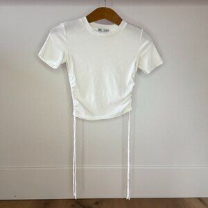 ZARA White Cotton Tie Side Ruched T-Shirt Women’s Small